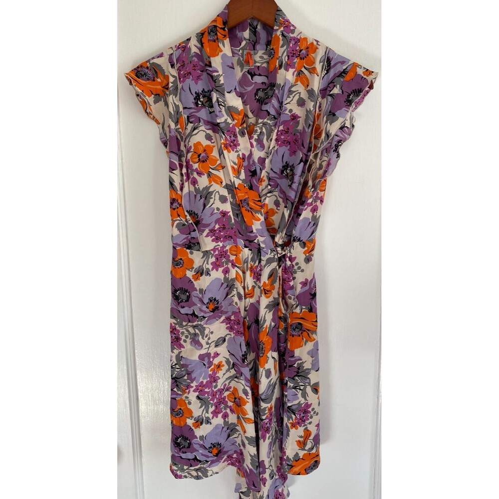 Pinkerton 100% Silk Floral Wrap Dress Multi Color‎ Short Sleeve Tie Waist Size M